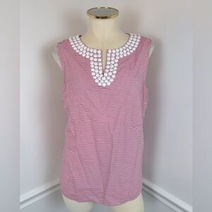 TALBOTS Red/Pink & White Striped Seersucker Sleeveless Top Beaded Neck | Size 10